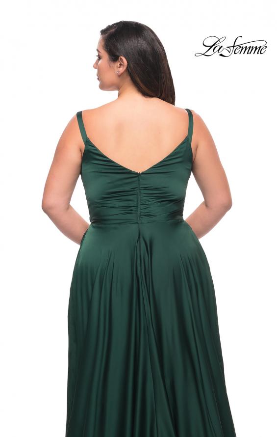 Picture of: Ruffle Slit Satin Long Plus Size Dress with V Neck in Emerald, Style: 29740, Detail Picture 4