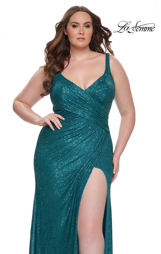 Picture of: Sequin Plus Size Dress with Ruching and Slit in Emerald, Style: 31138, Detail Picture 4