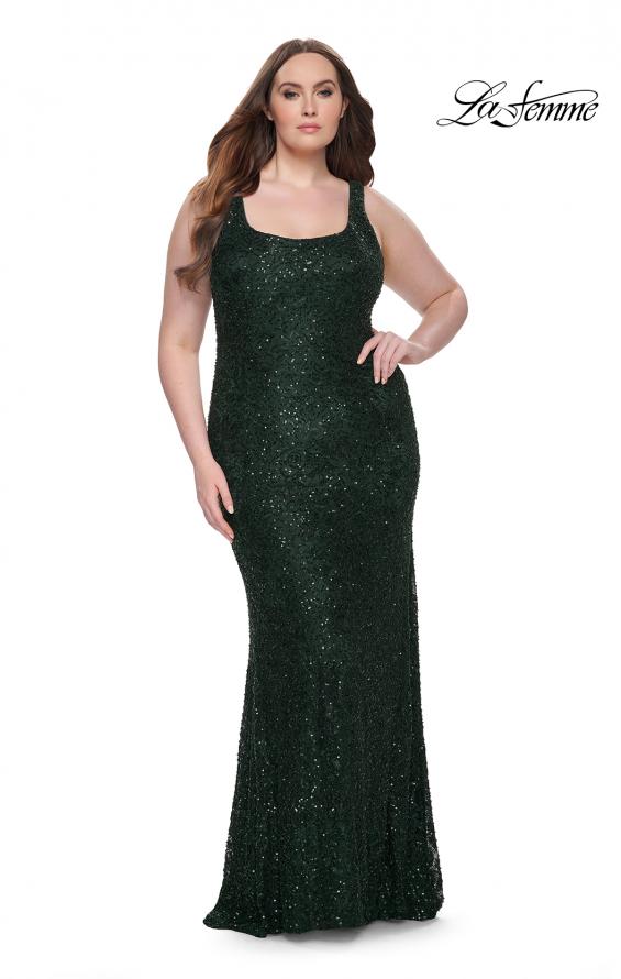 Picture of: Beaded Lace Plus Size Fitted Dress with Square Neckline in Emerald, Style: 31605, Detail Picture 4