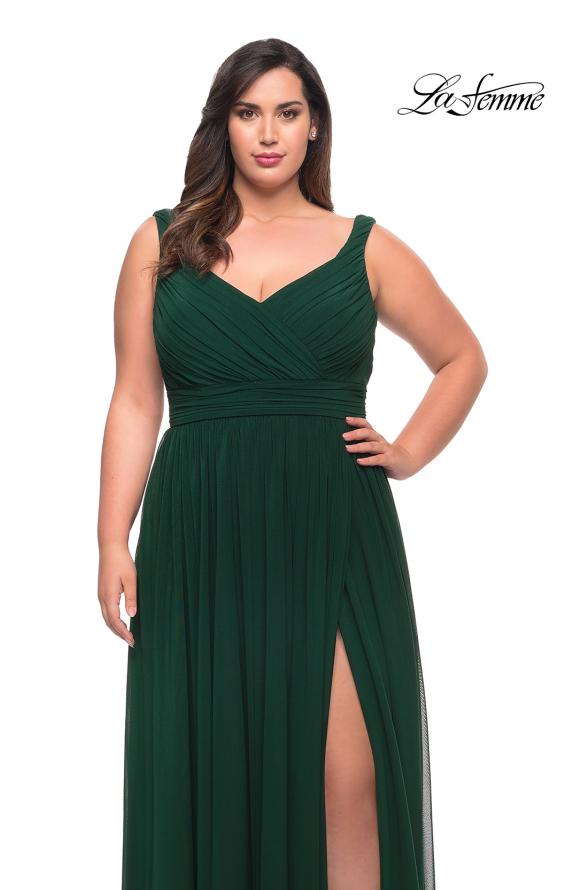 Picture of: Net Jersey Plus Size Long Dress with Slit and V Neck in Emerald, Style: 29075, Detail Picture 5