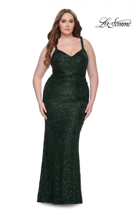 Picture of: Beaded Lace Plus Dress with Ruching and V Neckline in Emerald, Style: 31982, Detail Picture 5