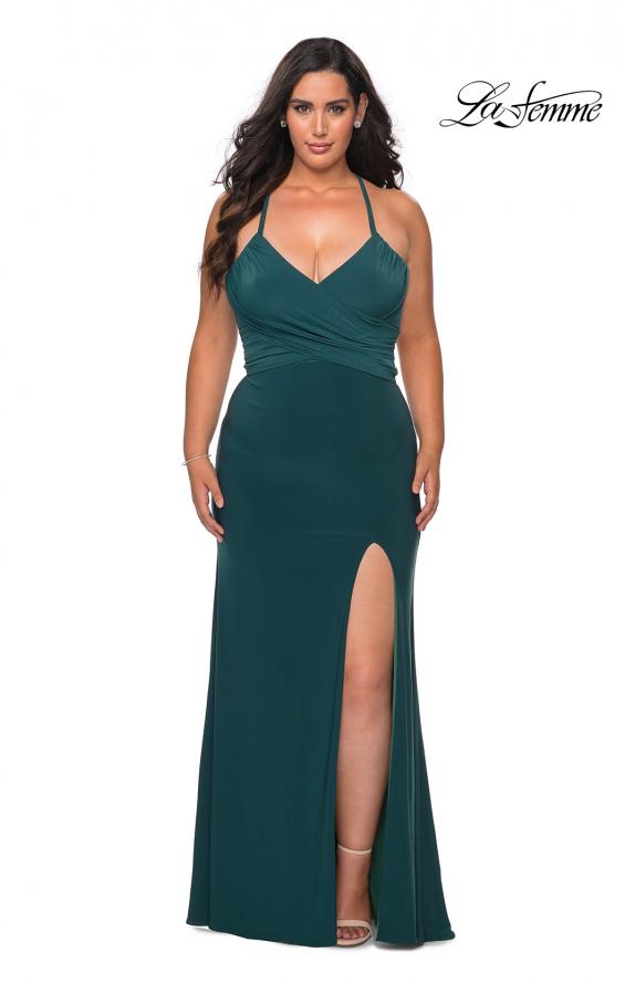 Picture of: Jersey Plus Size Dress with Slit and Lace Up Back in Emerald, Style: 29055, Detail Picture 6