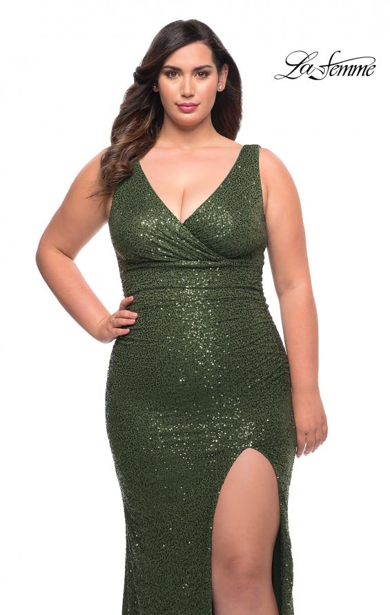 Picture of: Stretch Sequin Plus Size Gown with Slit and V Neck in Emerald, Style: 30307, Detail Picture 6