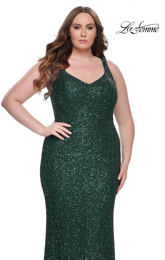 Picture of: Fitted Stretch Sequin Plus Size Dress with V Neck in Emerald, Style: 31163, Detail Picture 6