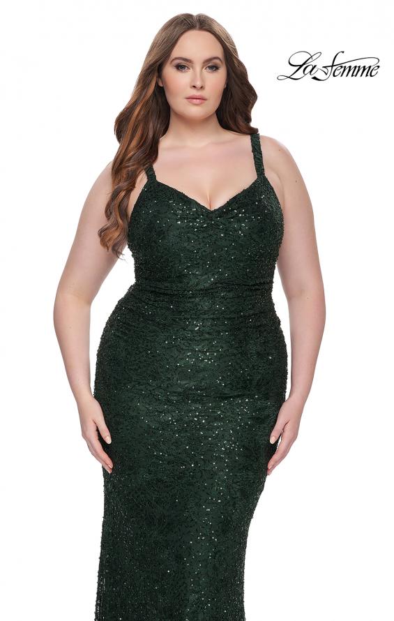 Picture of: Beaded Lace Plus Dress with Ruching and V Neckline in Emerald, Style: 31982, Detail Picture 6