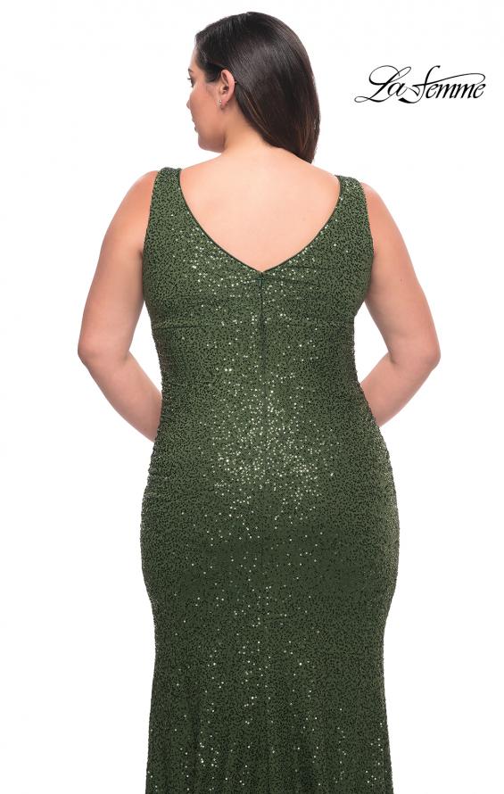 Picture of: Stretch Sequin Plus Size Gown with Slit and V Neck in Emerald, Style: 30307, Detail Picture 7