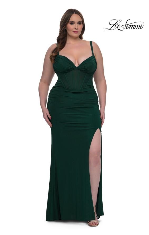 Picture of: Flattering Curve Dress with Corset Top and Ruched Skirt in Emerald , Style: 33015, Detail Picture 7