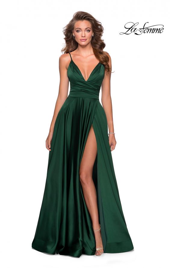Picture of: Long Satin Dress with Side Slit and V Shaped Back in Emerald, Style: 28607, Main Picture