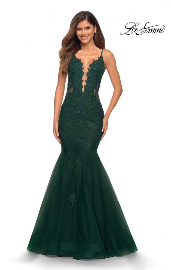 Picture of: Tulle and Lace Mermaid Gown in Jewel Tones in Emerald, Main Picture