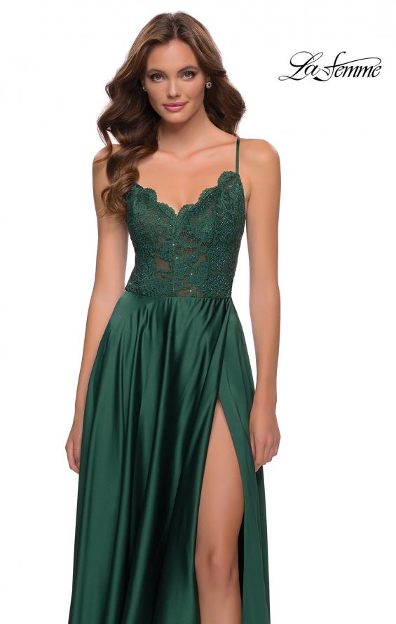 Picture of: Satin and Lace Prom Dress with Sheer Bodice in Emerald, Style 29760, Main Picture