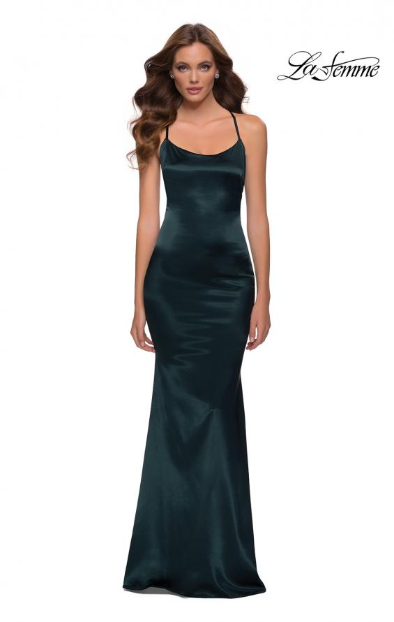 Picture of: Chic Stretch Satin Gown with Scoop Neck and Open Back in Emerald, Style 29858, Main Picture