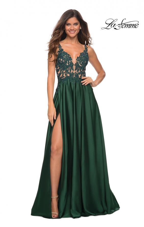 Picture of: Gorgeous Satin Gown with Sheer Lace Bodice in Emerald, Main Picture