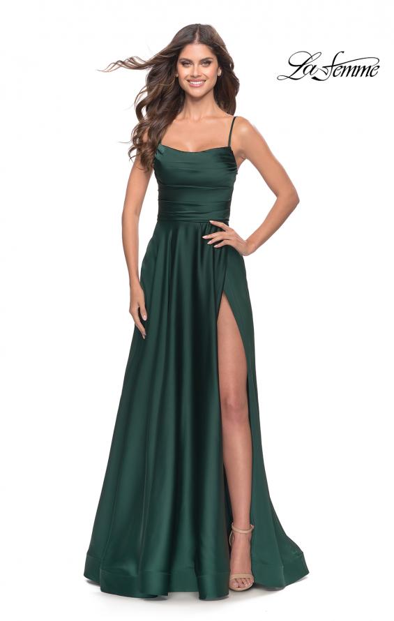 Picture of: A Line Satin Gown with Ruching and Square Neckline in Emerald, Style: 31105, Main Picture