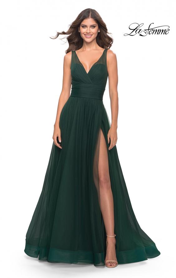 Picture of: Tulle Ball Gown with High Slit and V Neckline in Emerald, Style: 31149, Main Picture