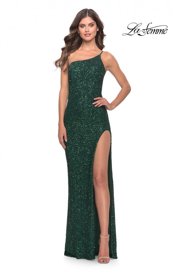 Picture of: Elegant Soft Sequin One Shoulder Long Dress in Jewel Tones in Emerald, Style: 31427, Main Picture