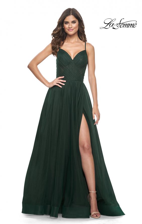 Picture of: Simple Tulle A-LIne Prom Dress with Ruched Illusion Bodice in Emerald, Style: 32130, Main Picture