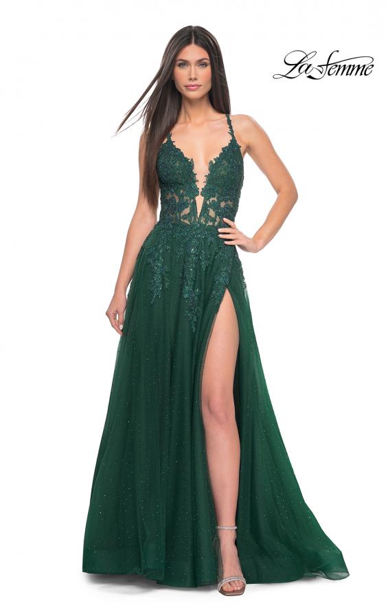 Picture of: Lace Embellished A-line Dress with Lace Up Back in Emerald, Style: 32147, Main Picture