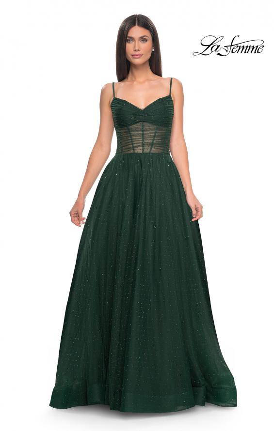 Picture of: A-Line Rhinestone Tulle Embellished Gown with Illusion Top in Emerald, Style: 31970, Detail Picture 8