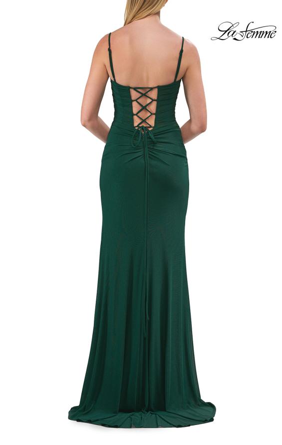 Picture of: Ruched Jersey Gown with Lace-Up Back and High Slit in Emerald, Style: 33298, Detail Picture 8