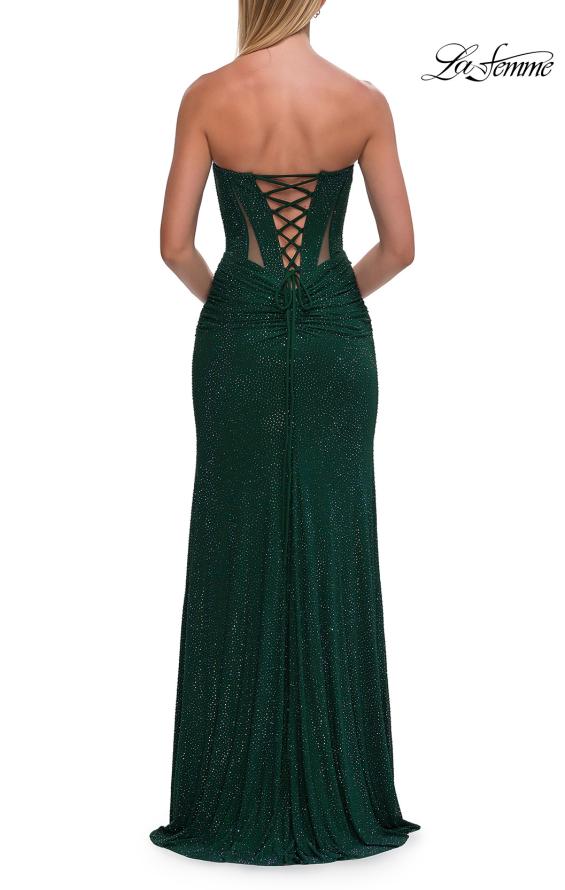 Picture of: Strapless Rhinestone Gown with Sheer Cutouts, Lace-Up Back, and High Slit in Emerald, Style: 33327, Detail Picture 8