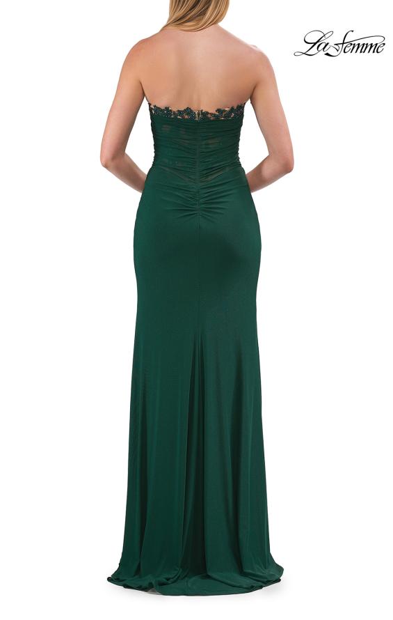 Picture of: Strapless Jersey Gown with Lace Bodice and High Slit in Emerald, Style: 33704, Detail Picture 8