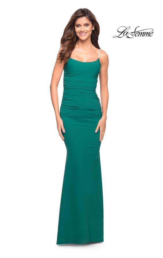 Picture of: Net Jersey Long Dress with Ruching and Diamond Straps in Emerald, Style: 30701, Detail Picture 9
