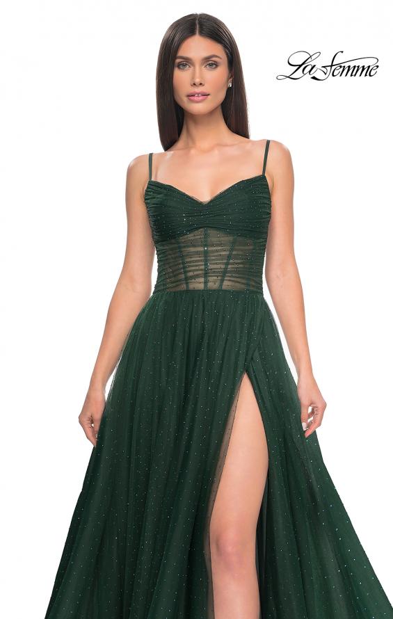 Picture of: A-Line Rhinestone Tulle Embellished Gown with Illusion Top in Emerald, Style: 31970, Detail Picture 9