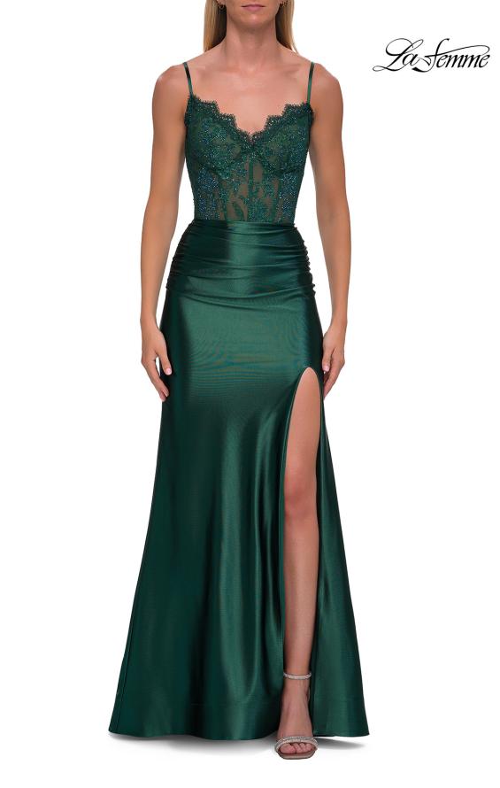 Picture of: Lace and Satin Fitted Gown with High Slit and Spaghetti Straps in Emerald, Style: 33325, Detail Picture 9
