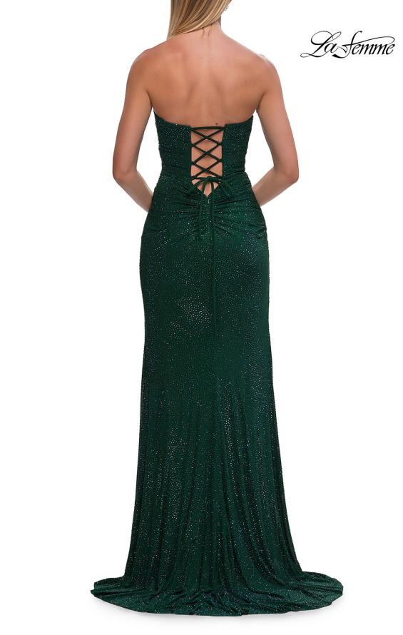 Green Picture of: Strapless Fitted Rhinestone Gown with Slit and Lace-Up Back in Emerald, Style: 33383, Detail Picture 10