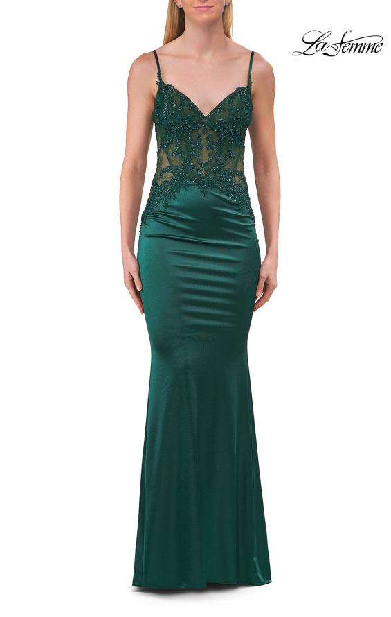 Picture of: Beaded Sheer Bodice Jersey Gown with Spaghetti Straps in Emerald, Style: 33709, Detail Picture 10
