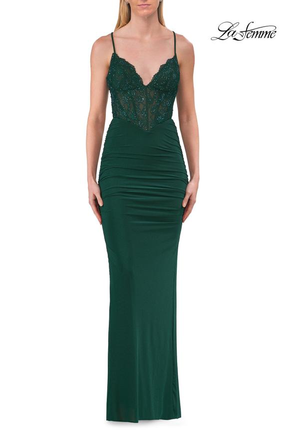Picture of: Rhinestone Lace Jersey Gown with Ruched Back and Crisscross Straps in Emerald, Style: 33504, Detail Picture 11