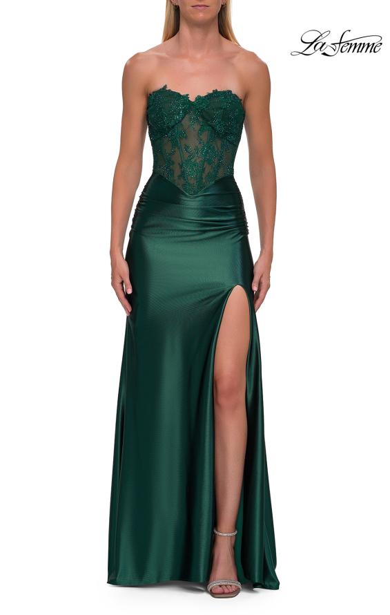 Picture of: Strapless Lace Corset Satin Gown with Slit in Emerald, Style: 33362, Detail Picture 12