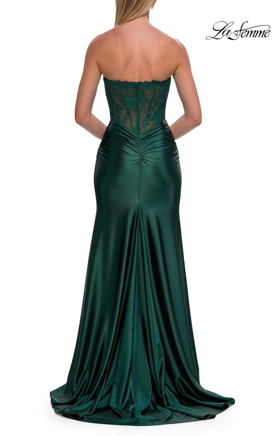 Picture of: Strapless Lace Corset Satin Gown with Slit in Emerald, Style: 33362, Detail Picture 13