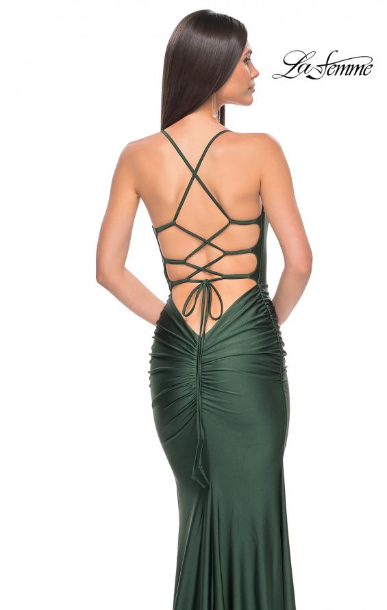 Picture of: Fitted Long Jersey Prom Dress with Ruching and Lace Up Back in Emerald, Style: 31618, Detail Picture 17