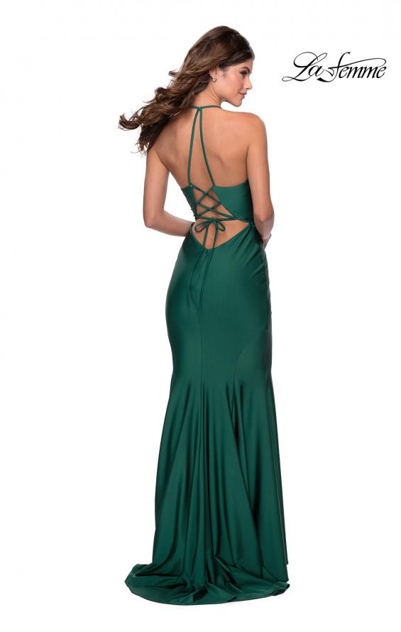 Picture of: Long Chiffon Prom Dress with Unique Lace Up Back in Emerald, Style 28552, Back Picture