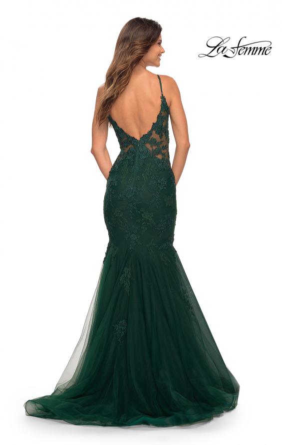 Picture of: Tulle and Lace Mermaid Gown in Jewel Tones in Emerald, Back Picture