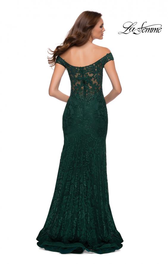 Picture of: Lace Off the Shoulder Gown with Deep V Neckline in Emerald, Style 29693, Back Picture