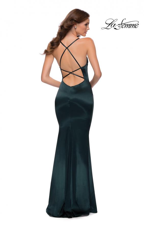 Picture of: Chic Stretch Satin Gown with Scoop Neck and Open Back in Emerald, Style 29858, Back Picture