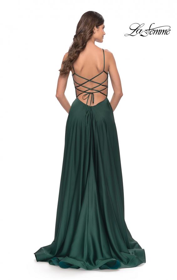 Picture of: A Line Satin Gown with Ruching and Square Neckline in Emerald, Style: 31105, Back Picture