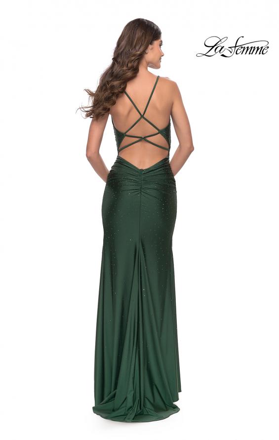 Picture of: Rhinestone Jersey Dress with Slit and Ruching in Emerald, Style: 31123, Back Picture