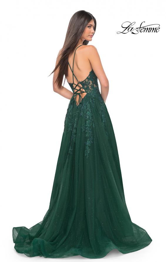 Picture of: Lace Embellished A-line Dress with Lace Up Back in Emerald, Style: 32147, Back Picture