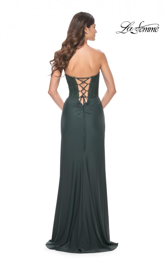 Picture of: Lace Bustier Strapless Dress with Ruched Jersey Skirt in Emerald, Style: 32234, Back Picture