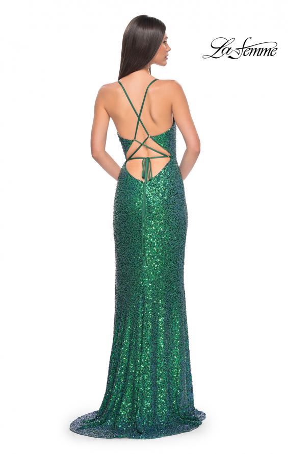 Picture of: Irridescent Sequin Long Prom Gown with Lace Up Back in Emerald, Style: 32339, Back Picture