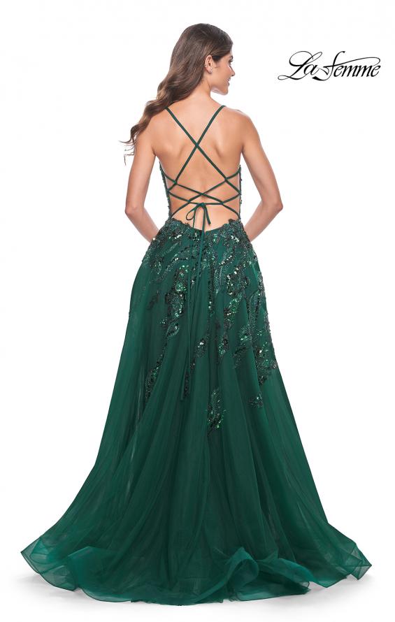 Picture of: Fabulous A-Line Gown Embellished with Sequin Beaded Applique in Jewel Tones in Emerald, Style: 32346, Back Picture