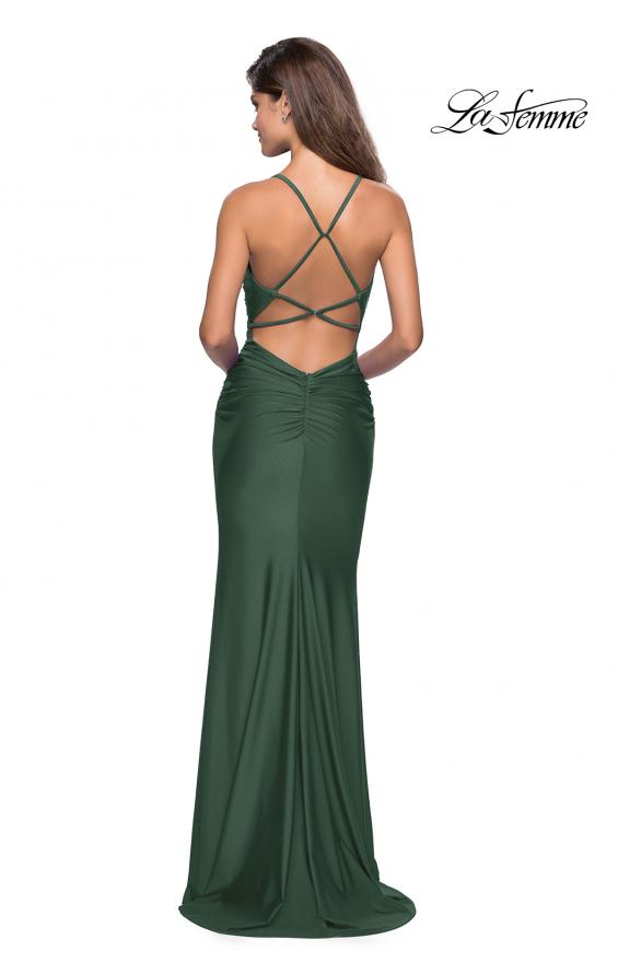 Picture of: Form Fitting Jersey Dress with Ruching and Strappy Back in Emerald, Style: 27501, Style: 27501