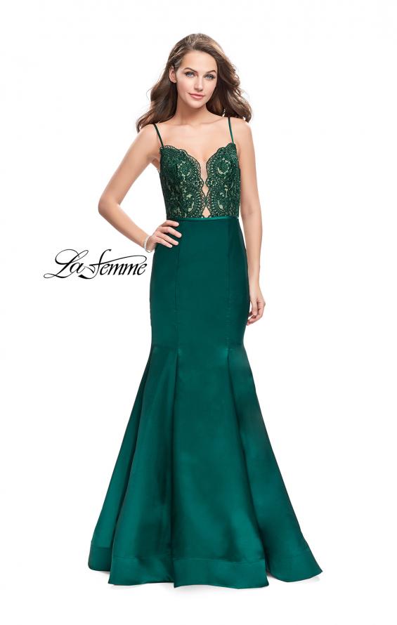 Picture of: Mikado Prom Dress with Lace Beaded Bodice and Low Back in Emerald, Style: 25751, Detail Picture 1