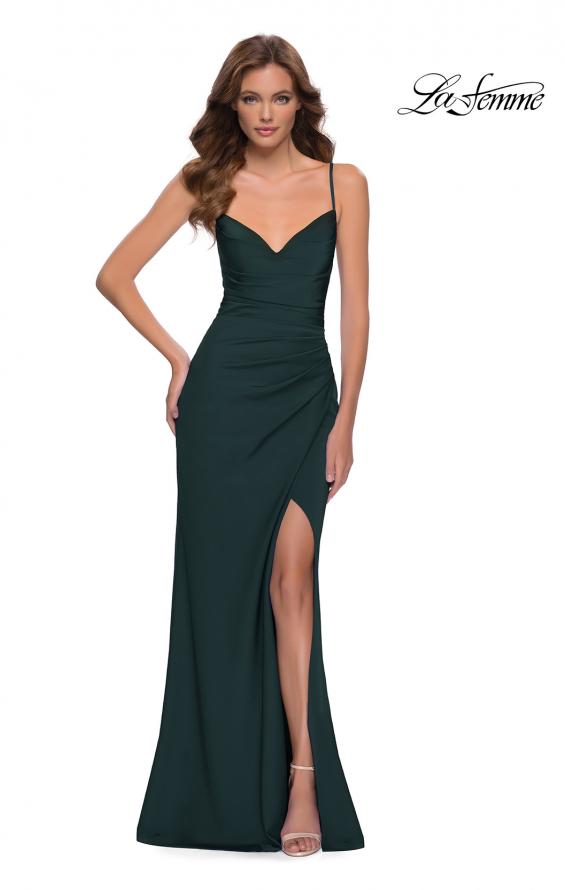 Picture of: Ruched Jersey Gown with Intricate Lace Up Back in Emerald, Style 29615, Detail Picture 1