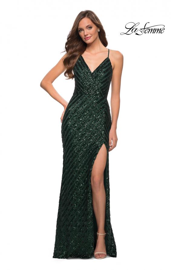 Picture of: Long Sequin Gown with Thick Sequin Print Fabric in Emerald, Style 29642, Detail Picture 1