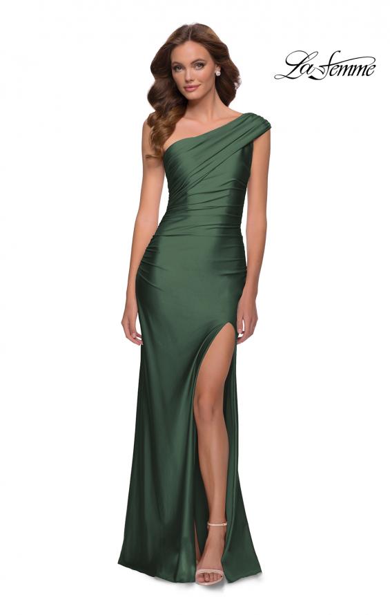 Picture of: One Shoulder Shiny Ruched Jersey Gown with Slit in Emerald, Style: 30645, Detail Picture 1