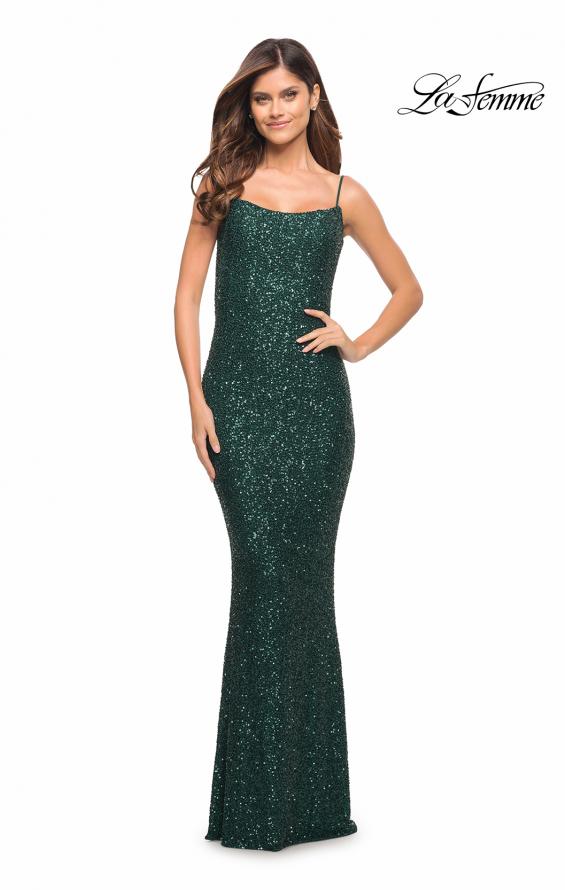 Picture of: Lovely Long Soft Sequin Dress with Scoop Neck in Emerald, Style: 30707, Detail Picture 1